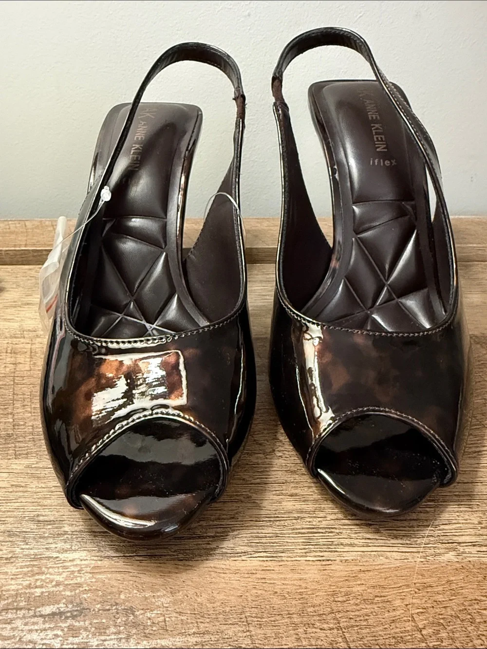 Anne Klein Dark Brown Tortoise Patent Peep-Toe Slingbacks, NWTs, size 9